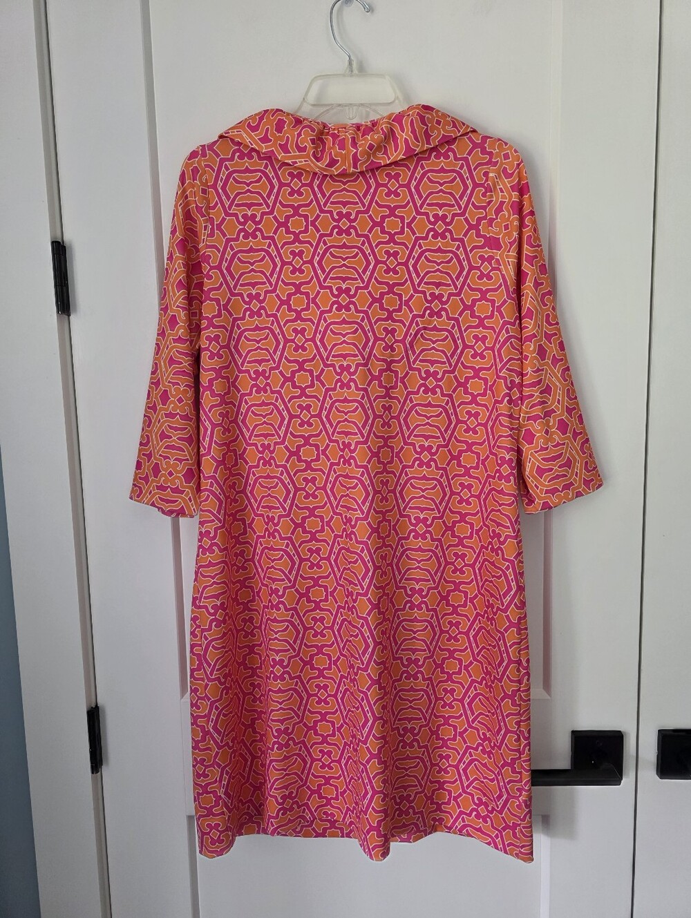 Gretchen Scott Ruffle Neck In Rio Grace Pink and Orange Patterned Dress - Picture 15 of 16